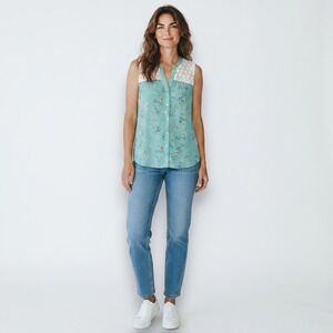 Studio B Womens Blouse Top S Turquoise Floral Crochet Sleeveless Cottagecore